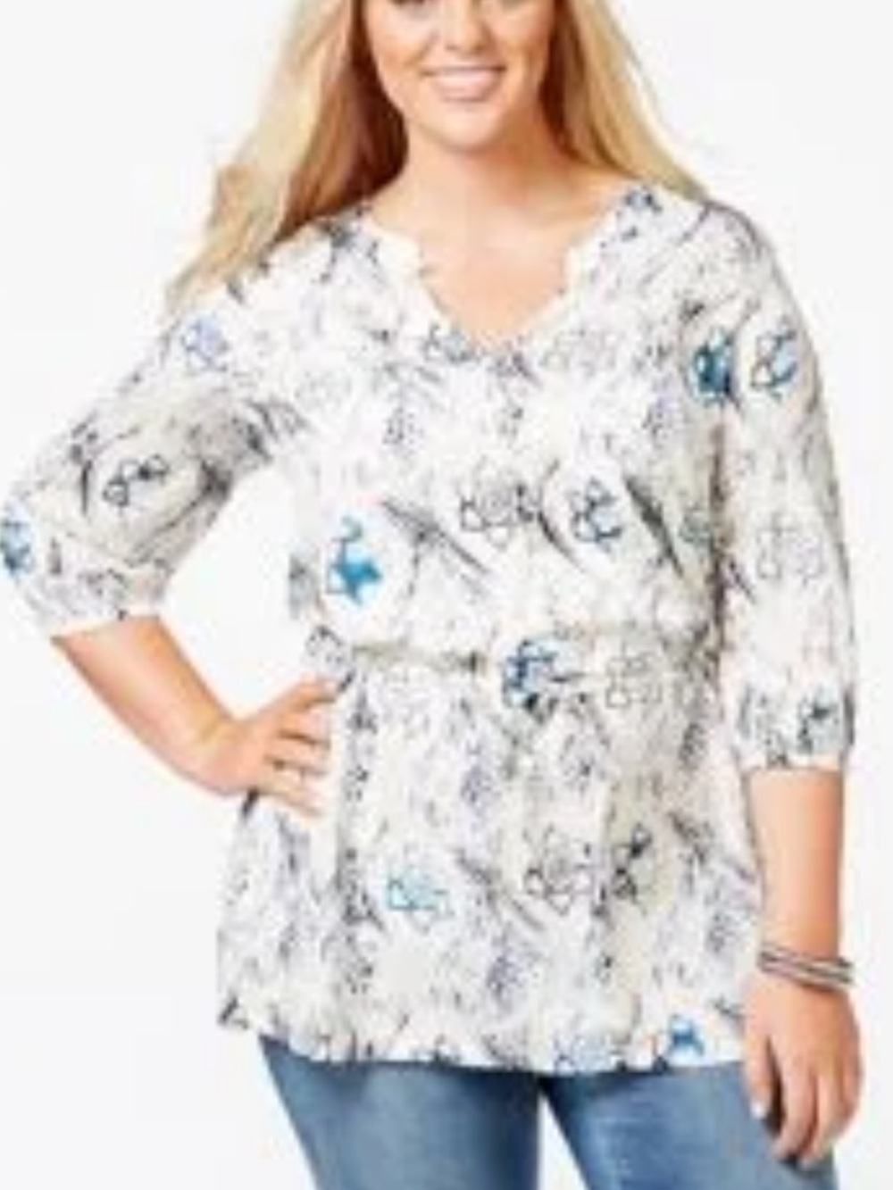 Melissa McCarthy Seven7 White and Blue Floral Drawstring Waist Tunic Top